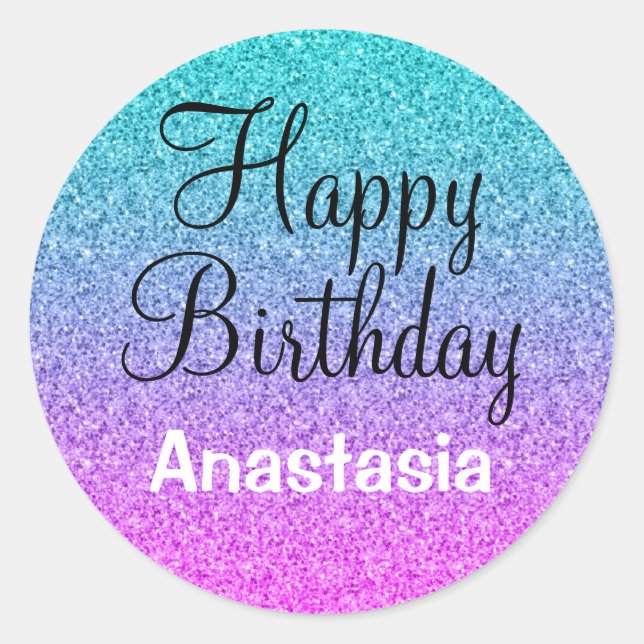 Glam Happy Birthday Ombre Pink Lila Glitzer Runder Aufkleber (Vorderseite)