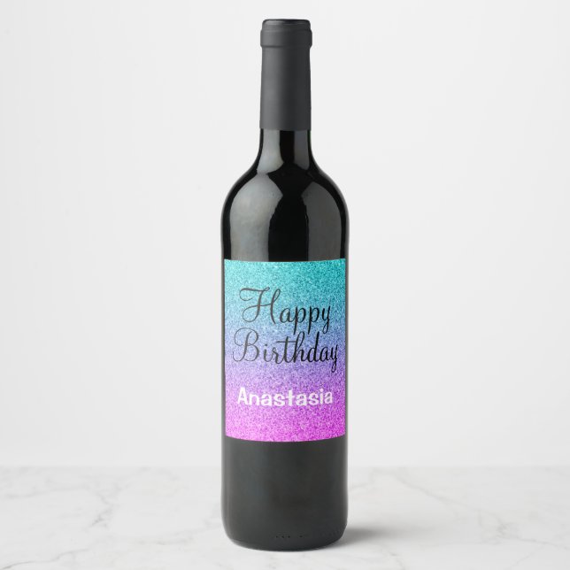 Glam Happy Birthday Ombre Pink Lila Glitzer Weinetikett (Vorderseite)