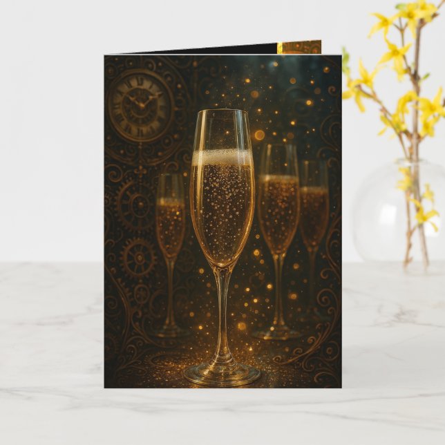 Glam Happy New Year Steampunk Champagne  Karte (Gelbe Blume)