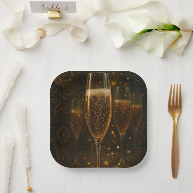 Glam Happy New Year Steampunk Champagne  Pappteller (Hochzeit)