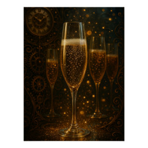 Glam Happy New Year Steampunk Champagner Poster
