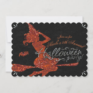 Glam Hexe fliegt auf Besen Halloween-Party Einladung
