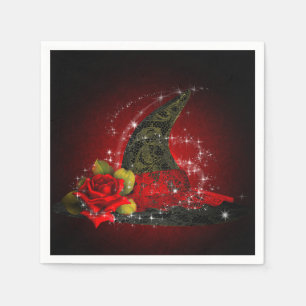 Glam Hexenhut Spitze Schwarz & Rot Glitzer Party Serviette