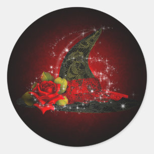 Glam Hexenhut Spitze Schwarz Rot Glitzer Partygesc Runder Aufkleber