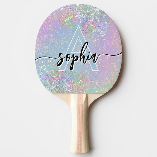 Glam Holographic Glitzer Monogram Script Pink Tischtennis Schläger (Vorderseite)