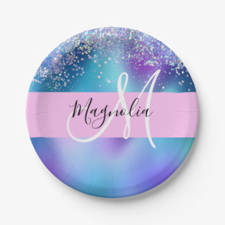 Glam Holographic Mermaid Glitzer Sparkle Monogram Pappteller