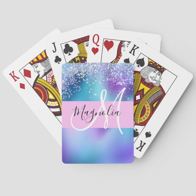 Glam Holographic Mermaid Glitzer Sparkle Monogram Spielkarten (Rückseite)