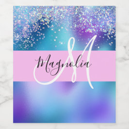 Glam Holographic Mermaid Glitzer Sparkle Monogram Weinetikett