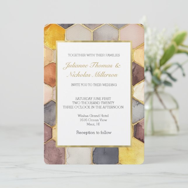 Glam Honey Comb Blush Champagne Abstrakt Wedding Einladung (Stehend Vorderseite)