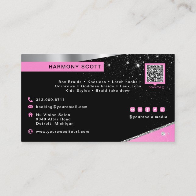 Glam Hot Pink Glitzer Diamond Hair Braider Salon Visitenkarte (Rückseite)
