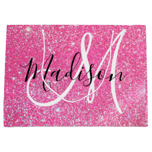 Glam Hot Pink Glitzer Glitzern Monogramm Name Große Geschenktüte