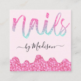 Glam Hot Pink Glitzer Tropfens Nägel Manicure Salo Quadratische Visitenkarte