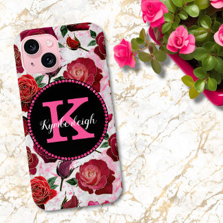 Glam Hot Pink Rose Marbor Diamond Monogram Name Case-Mate iPhone Hülle