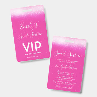 Glam Hot Pink Sweet 16 Einladung VIP Pass Abzeiche Ausweis