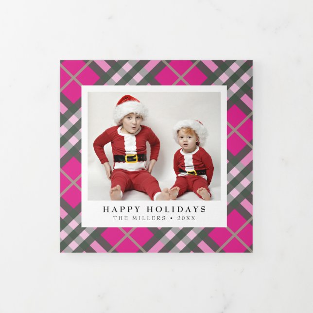 Glam Hot Pink Tartan Karierte Weihnachten Dreifach Gefaltete Urlaubskarte (Cover)