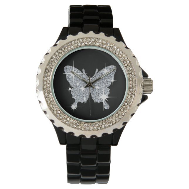 Glam-Imitate Diamantsparkschmetterling auf schwarz Armbanduhr (Vorderseite)