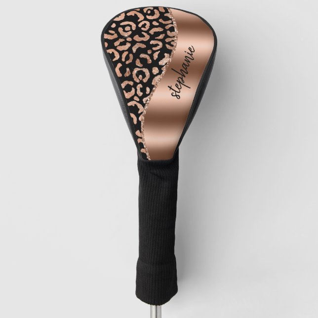 Glam Imitate Foil Leopard Spots Rose Gold Schwarze Golf Headcover (Vorderseite)