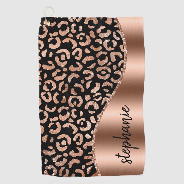 Glam Imitate Foil Leopard Spots Rose Gold Schwarze Golfhandtuch (Vorderseite)
