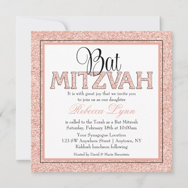 Glam Imitate Glitzer Rose Gold Bat Mitzvah Einladu Einladung (Vorderseite)