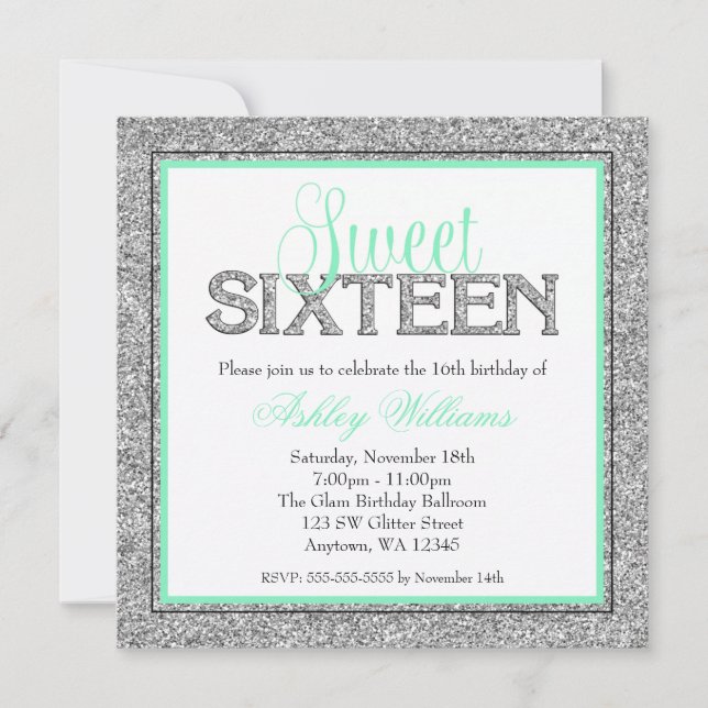 Glam Imitate Glitzer Silver Mint Seafoam Sweet 16 Einladung (Vorderseite)