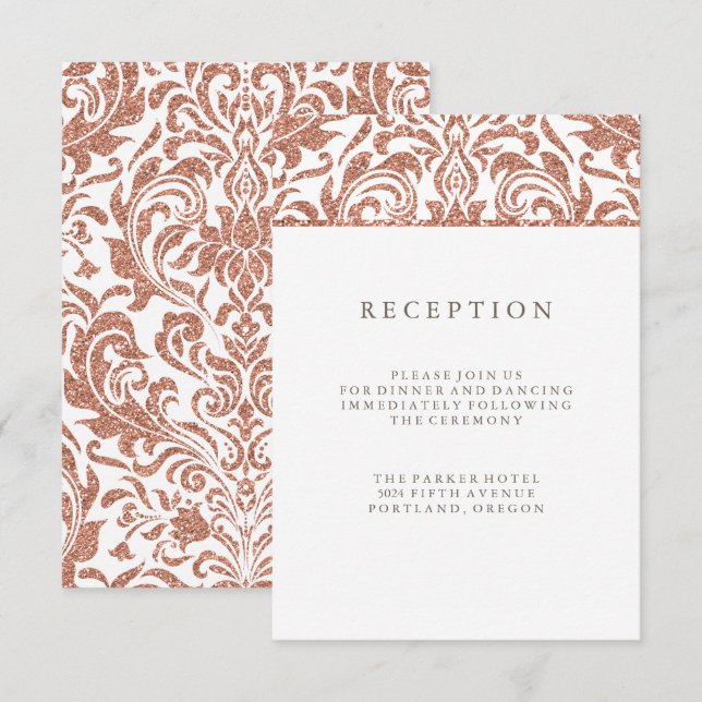 Glam Imitate Rose Gold Glitzer Damask Empfang Einladung (Vorne/Hinten)