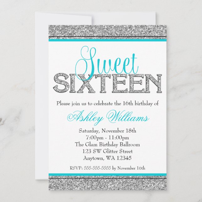 Glam Imitats Glitzer Silver Aquamarin Blue Sweet 1 Einladung (Vorderseite)