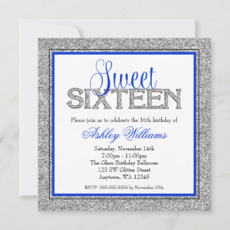 Glam Imitats Glitzer Silver Blue Sweet 16 Einladung
