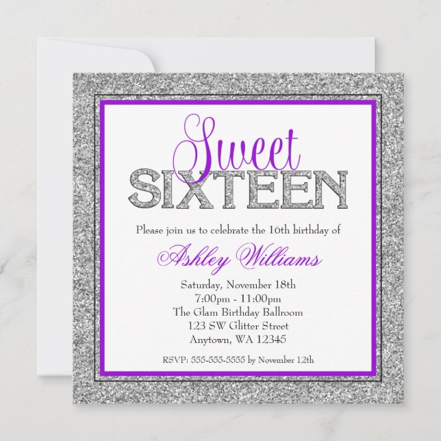 Glam Imitats Glitzer Silver Lila Sweet 16 Einladung (Vorderseite)