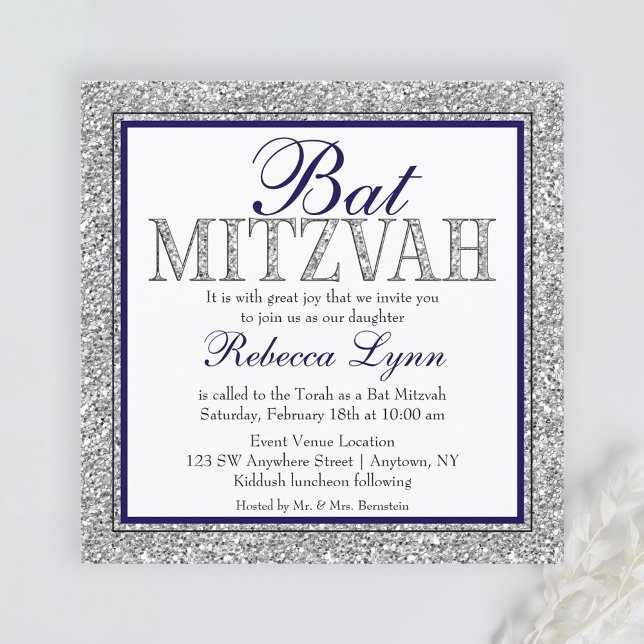 Glam Imitats Glitzer Silver Navy Blue Bat Mitzvah Einladung (Von Creator hochgeladen)