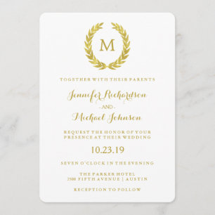 Glam Imitats Gold Foil Laurel Wreath Monogram Wedd Einladung