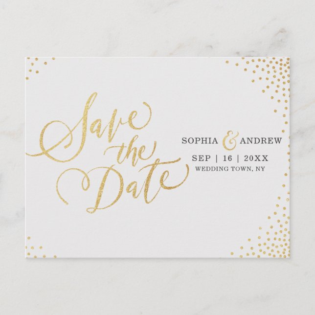 Glam Imitats Gold Glitzer Kalligraphie Save the Da Ankündigungspostkarte (Vorderseite)