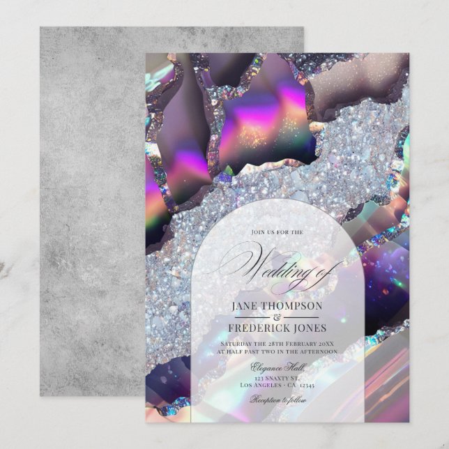 Glam Imitats Holographic Agate Marble Geode Weddin Einladung (Vorne/Hinten)