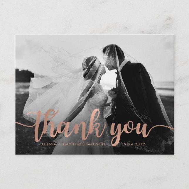 Glam Imitats Rose Gold Wedding Foto Vielen Dank Postkarte (Vorderseite)