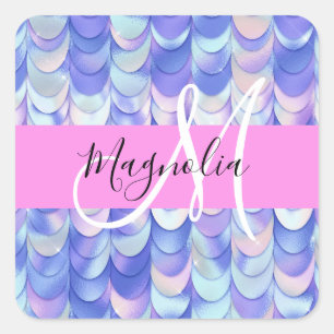 Glam Iridescent Blue Mermaid Scales Name Monogram Quadratischer Aufkleber