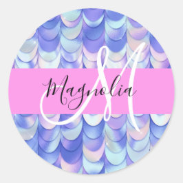 Glam Iridescent Blue Mermaid Scales Name Monogram Runder Aufkleber