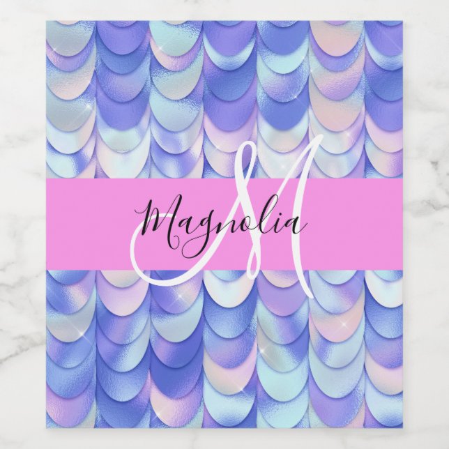 Glam Iridescent Blue Mermaid Scales Name Monogram Weinetikett (Einzelnes Label)
