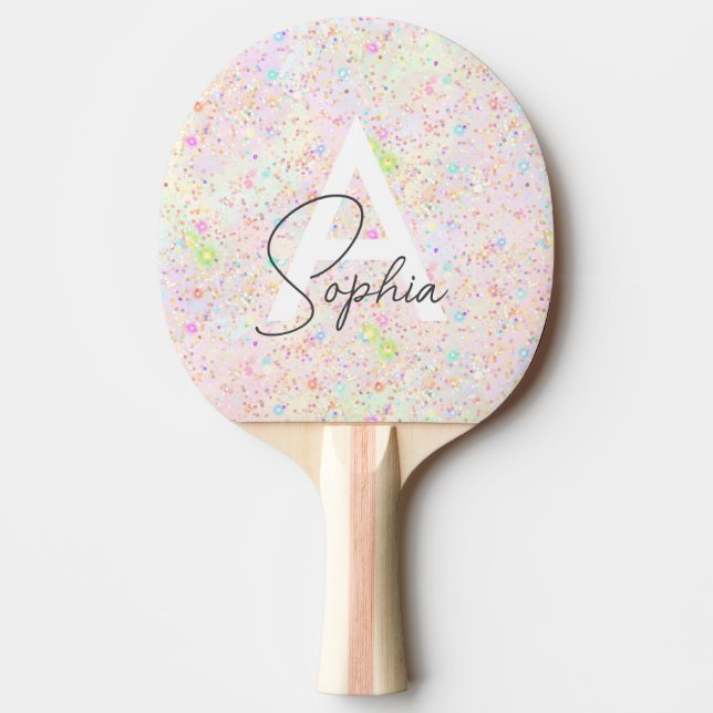 Glam Iridescent Holographic Glitzer Monogram Name Tischtennis Schläger (Vorderseite)