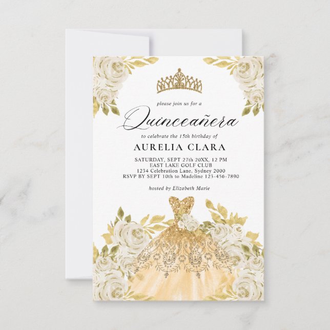 Glam Ivory Gold Dress Floral 15. Quinceañera Mitteilungskarte (Vorderseite)