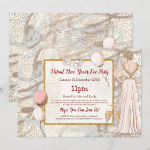 Glam Lady Confetti Funkelnd Virtual New Year Party Einladung