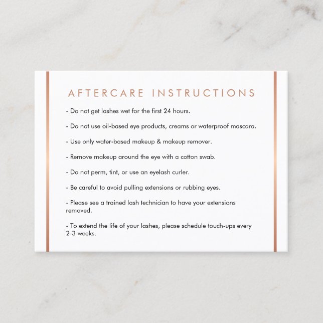 Glam Lashes Script Rose Gold Aftercare Card Visitenkarte (Vorderseite)