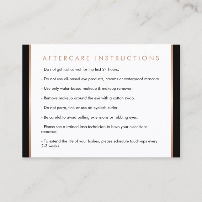 Glam Lashes Script Rose Gold/Black Aftercare Card Visitenkarte (Vorderseite)