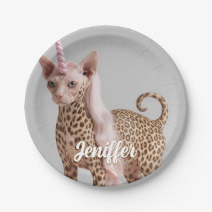 Glam Leopard Einhorn Katze in rosa Fellabsätzen Pappteller