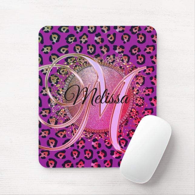 Glam Leopard Pink und Lila Monogramm Mousepad (Mit Mouse)