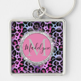 Glam Leopard Pink und Lila Monogramm Schlüsselanhänger