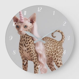 Glam Leoparden Einhorn Katze in rosa Fellabsätzen Große Wanduhr
