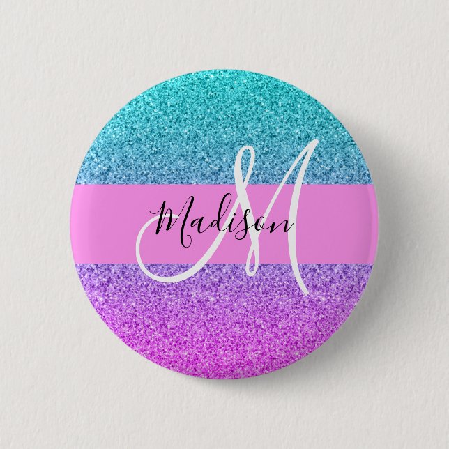 Glam Lila Aqua Glitzer Sparkle Gradient Monogram Button (Vorderseite)