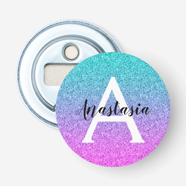 Glam Lila Aqua Glitzer Sparkle Gradient Monogram Flaschenöffner (Vorderseite)