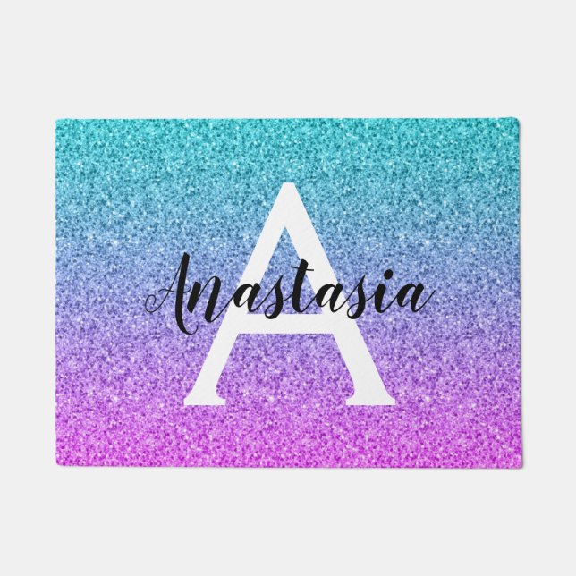 Glam Lila Aqua Glitzer Sparkle Gradient Monogram Fußmatte (Vorderseite)