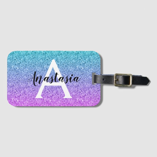 Glam Lila Aqua Glitzer Sparkle Gradient Monogram Gepäckanhänger (Vorderseite (Horizontal))