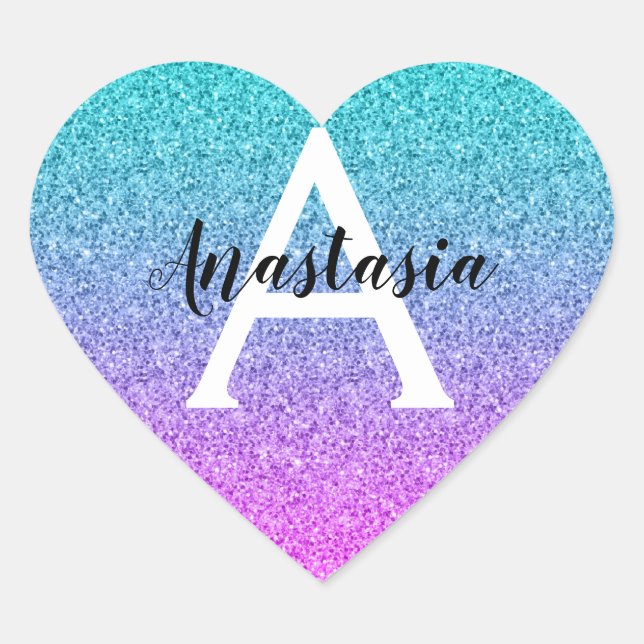 Glam Lila Aqua Glitzer Sparkle Gradient Monogram Herz-Aufkleber (Vorderseite)